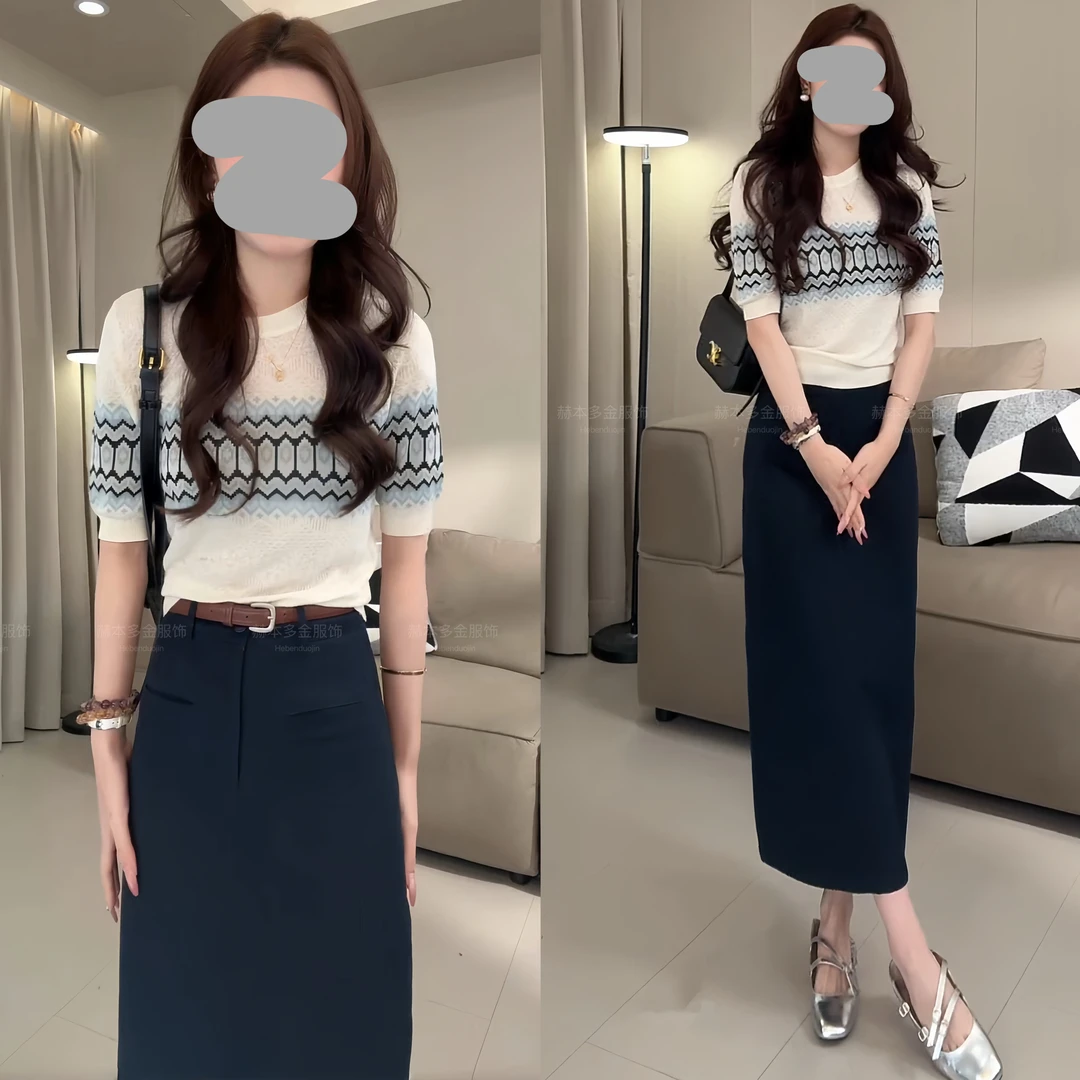 洋气衣服女2025夏季薄款镂空提花针织短袖上衣百搭半身裙气质套装