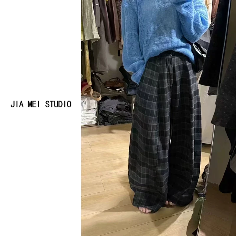 A135韩系高腰格子宽松休闲裤女25秋季慵懒风显瘦直筒阔腿拖地长裤