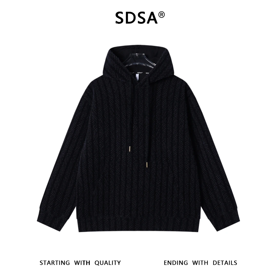 SDSA男士秋冬新款痞帅男装高街撞色竖纹抽绳连帽卫衣简约宽松上衣