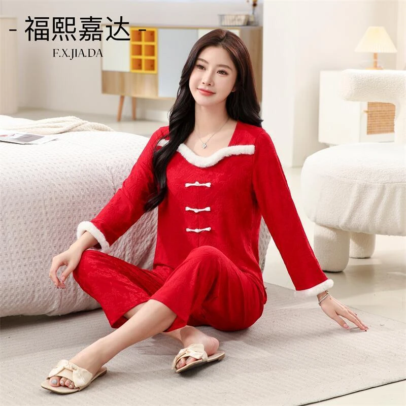 新中式国风盘扣睡衣女套装奢华可外穿提花宽松大码洋气年轻家居服