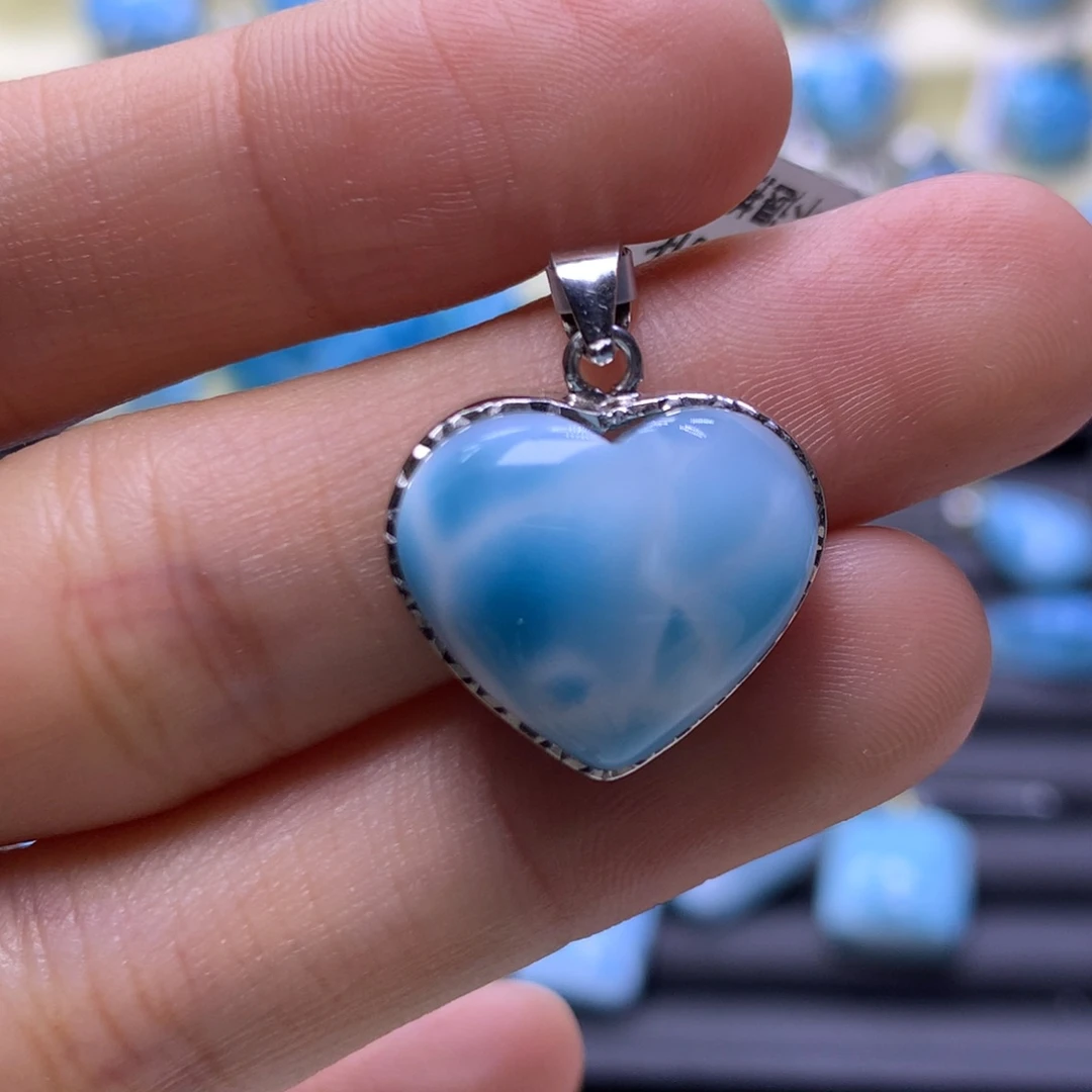 针钠钙石（海纹石）银S925镶嵌吊坠(不含链)爱心吊坠色差略异