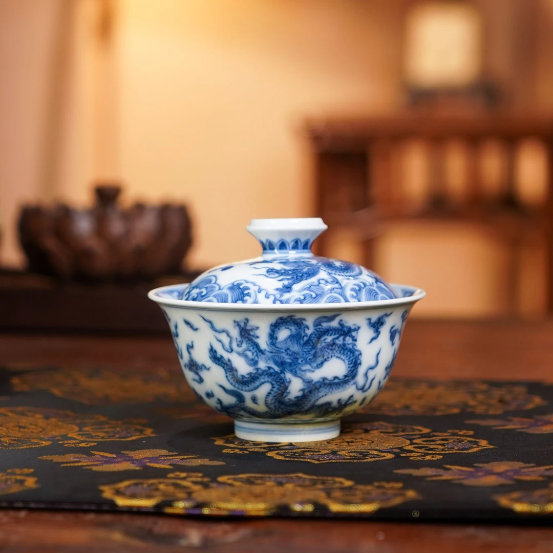 望月怀古新陶瓷五龙盖碗纯手工大号金刚莲盖碗全手工茶具中国龙纹