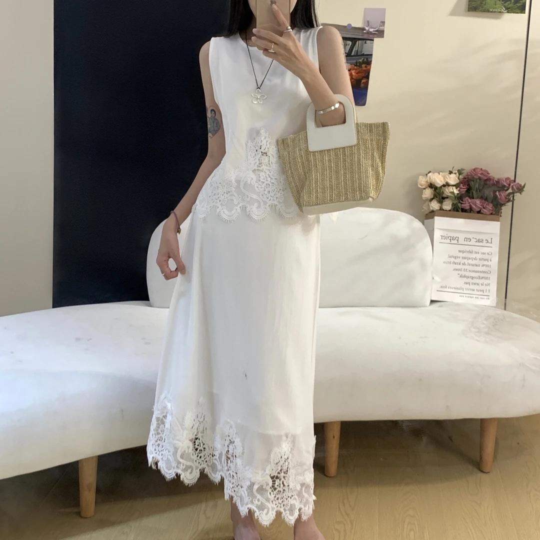 YDD•「南意晚」气质蕾丝拼接套装裙女镂空钩花背心上衣半身裙两件套