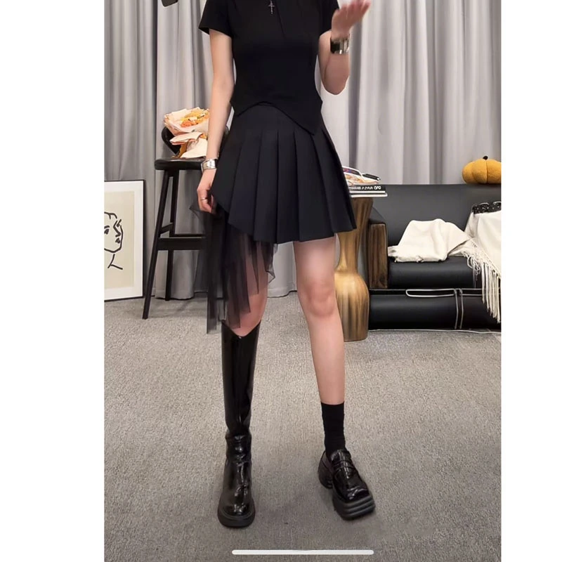 夏季新欧货设计师款半身裙子女小众复古甜酷辣网纱百褶西装短裙女