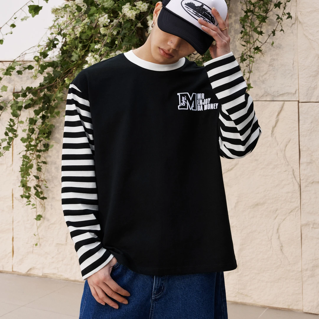 MEDM25SS撞色领口条纹长袖T恤男女同款美式复古潮流宽松休闲上衣