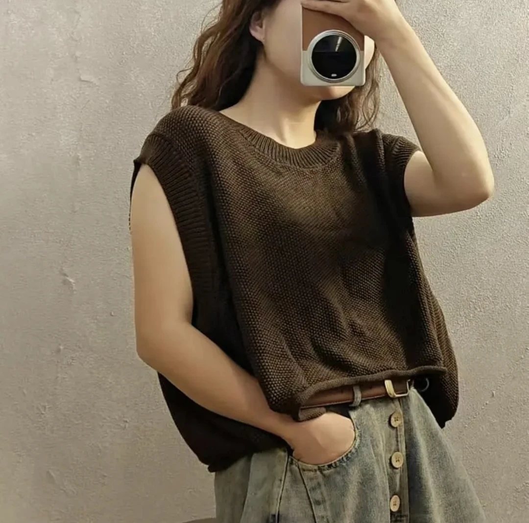 麻九 春季新款宽松套头棉线炒色做旧马甲时尚纯色简约 衣长45