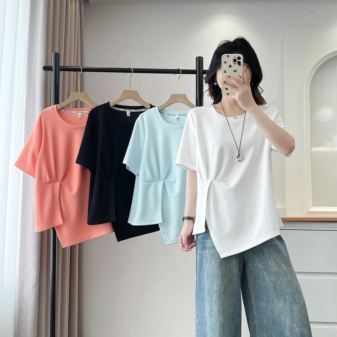 大码设计感扭结圆领短袖T恤女夏季新款胖mm遮肚子显瘦超火小上衣