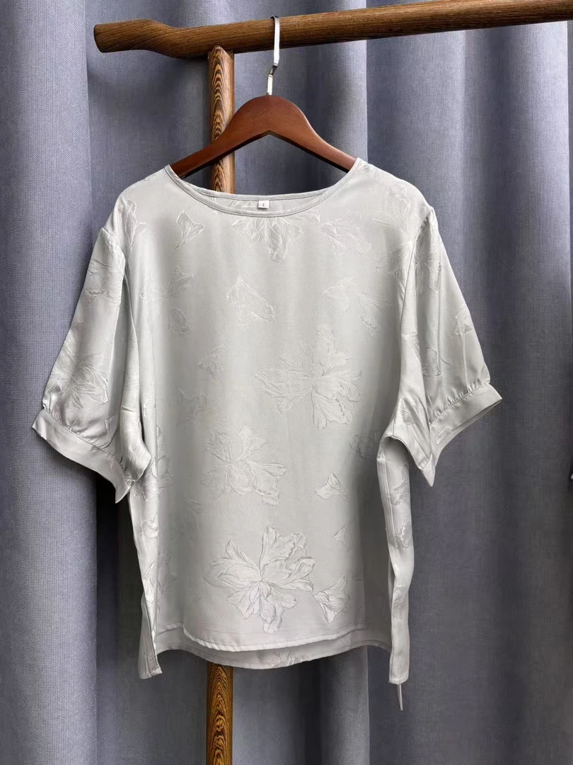 2025夏季新款气质时尚百搭桑蚕丝花萝短袖T恤女A060