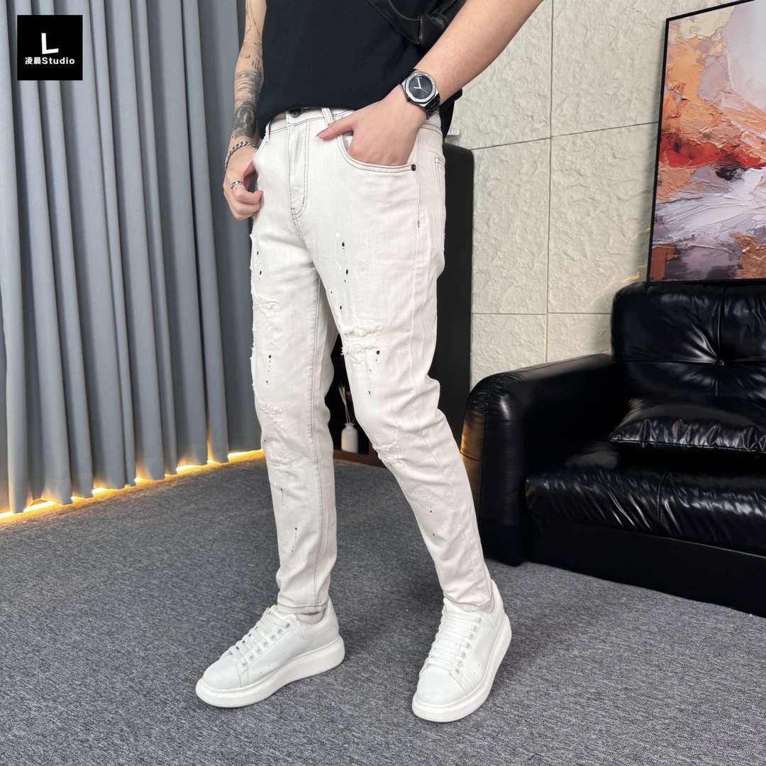 夏季薄款牛仔裤男修身百搭破洞小脚裤时尚韩版个性九分牛仔裤男款