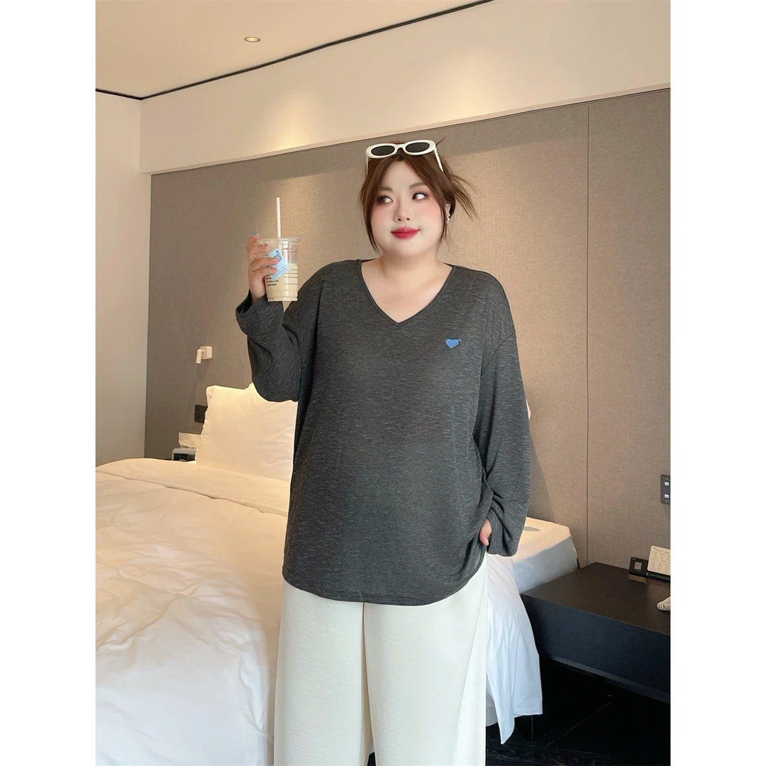 大码女装简约花契200斤胖mm时尚简韩系轻薄外搭v领针织罩衫15127