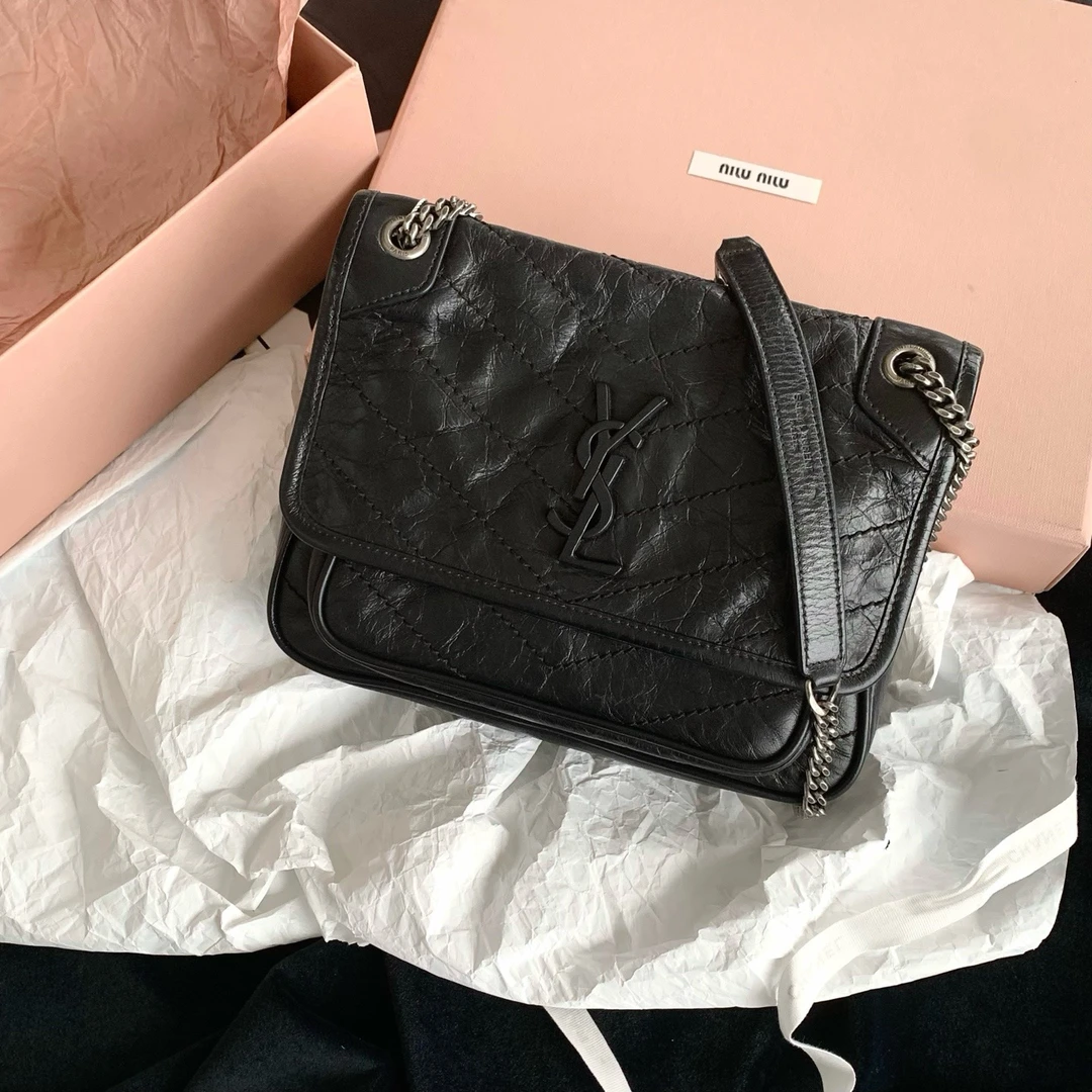 95新 YSL/圣罗兰 黑银 niki 小号斜挎包 22cm 19036029