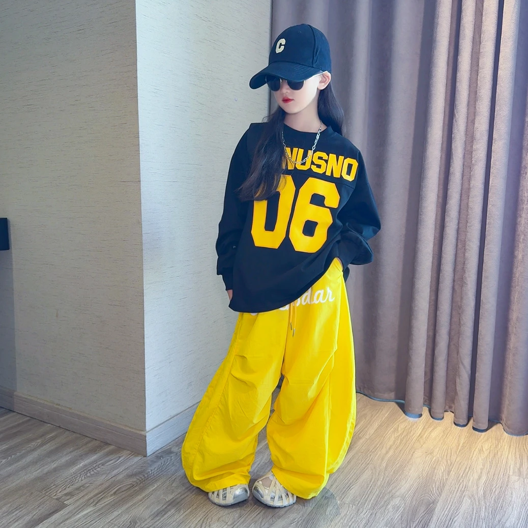 女童街舞潮服嘻哈字母印花长袖T恤2025年秋季新款美式伞兵裤套装