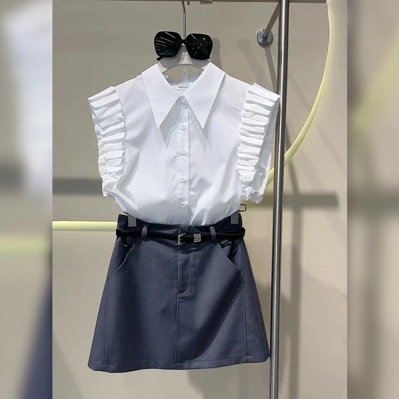 套装女春2025新款爆款高级感领小飞袖白色衬衫蓝色半身裙短裙