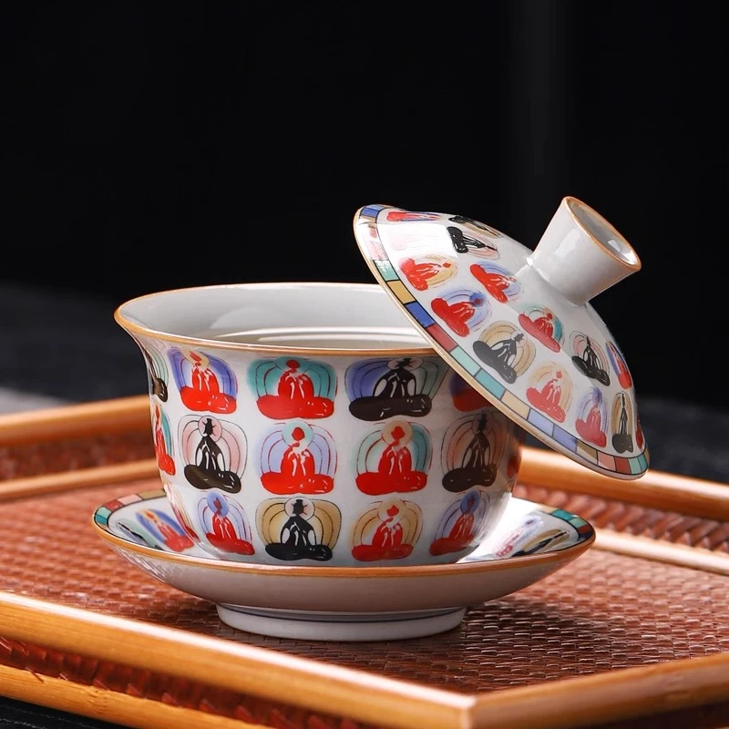 仿古悬停三才盖碗茶杯单个高档万佛家用泡茶碗不烫手陶瓷功夫茶具