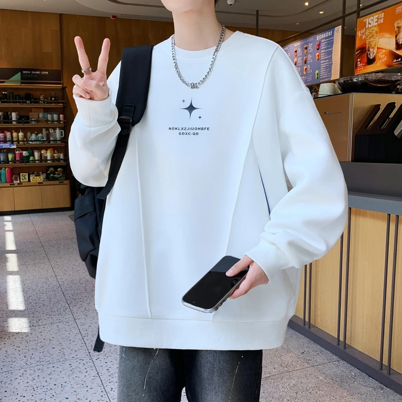 春秋季青少年学院风男士卫衣印花春秋宽松圆领套头潮流上衣