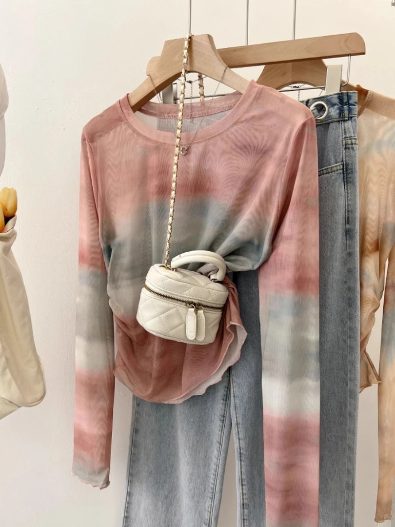 粉色渐变染色设计感网纱防嗮衫夏薄款透气少女感百搭短款收腰T恤