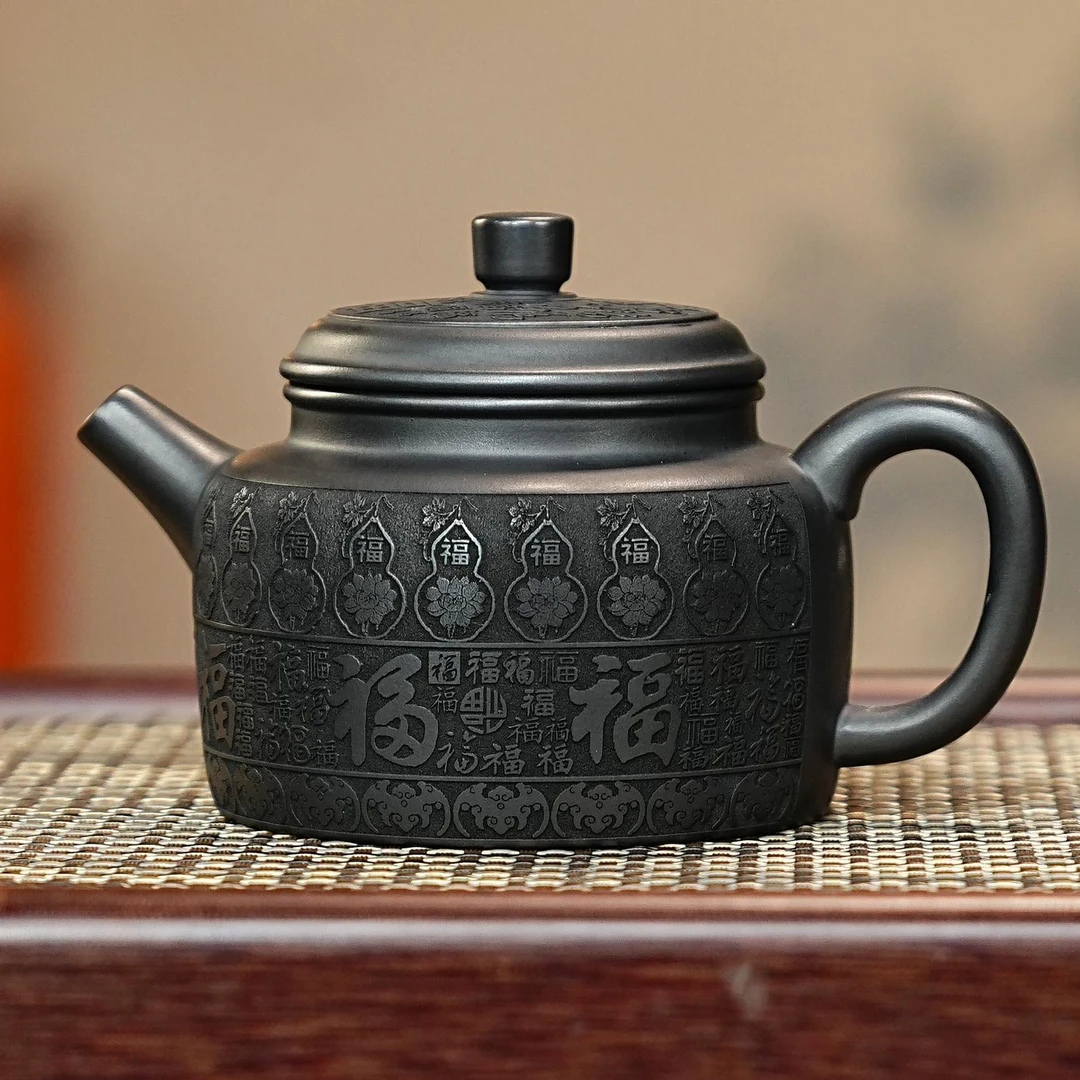 宜兴紫砂茶具  原矿石黄泥料刻绘百福图福禄德钟紫砂茶壶