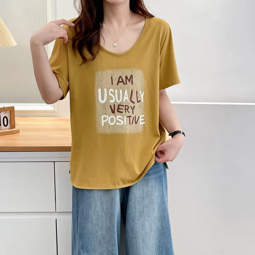 大码夏季新款时尚气质U领印花正肩雪花棉短袖T恤0720