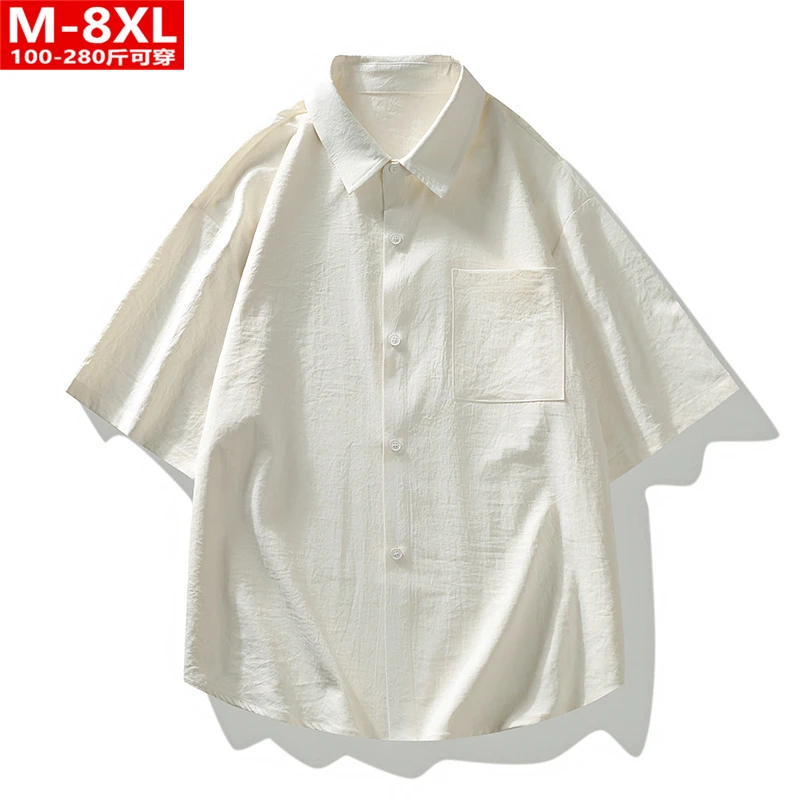 夏季潮流港风男装方领简约短袖衬衫胖男士加肥加大码宽松休闲衬衣