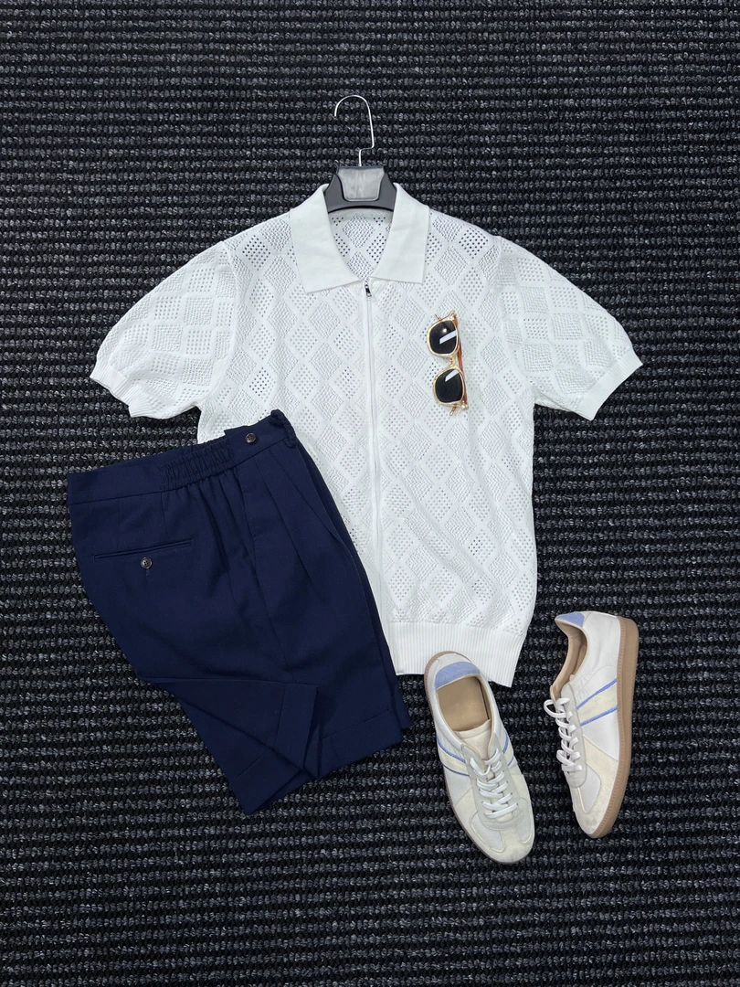 CssuGent定制级意式翻领镂空100%棉短袖polo衫男绅士休闲短袖开衫