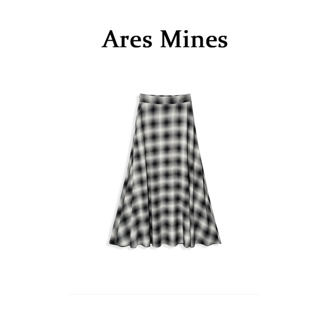 【盛朗熙Ares Mines】艺术旅途 格子晕染松紧高腰A字大摆半裙长裙