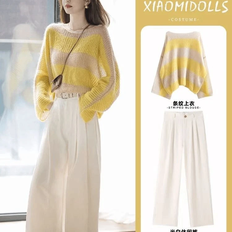 黄色镂空圆领拼色针织衫女套头宽松薄款长袖甜美日系早秋上衣