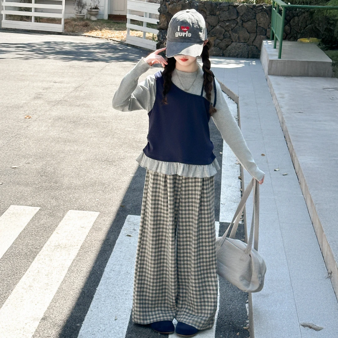 女童春秋套装2025新款洋气时髦韩系假两件上衣儿童格子裤两件套潮