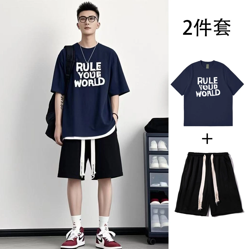 一套休闲短袖纯棉套装男士夏季薄款2025新款搭配男装短裤纯棉t恤