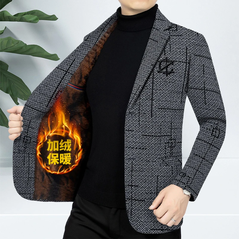 加绒加厚男士高档西服上衣新款秋冬季中年休闲西装爸爸保暖外套男