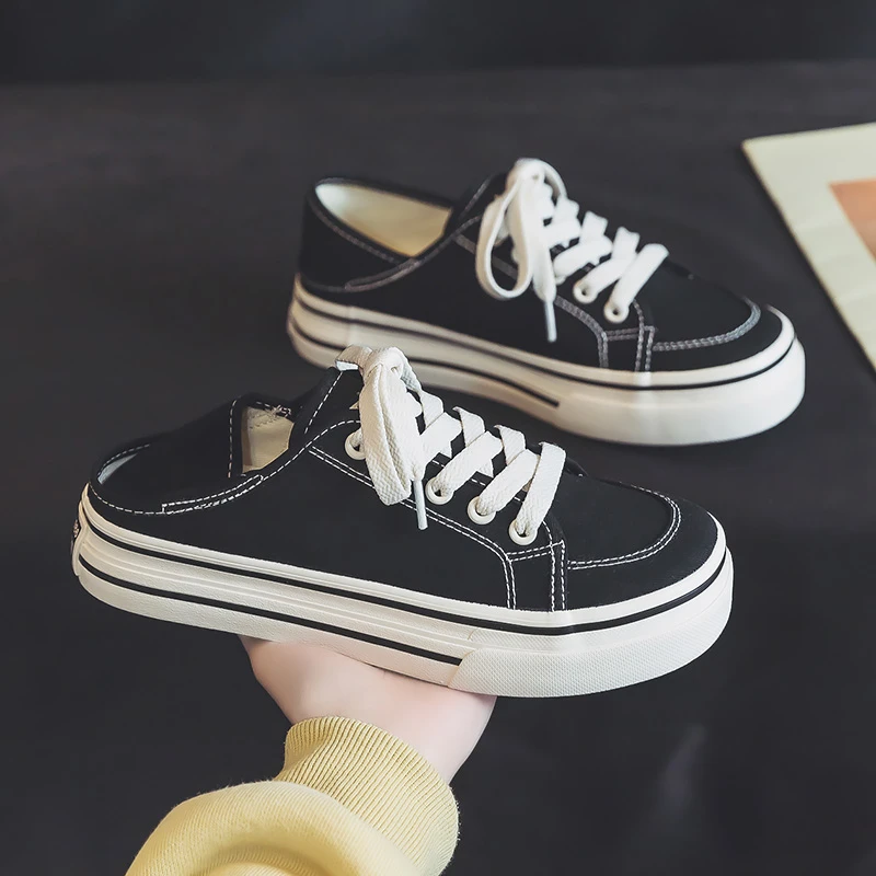 人本帆布鞋女2025半拖春季系带百搭网红休闲韩版ins小白鞋夏季
