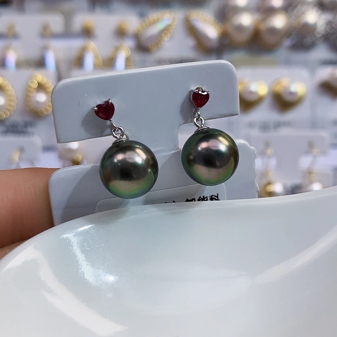 18K金镶嵌18k天然大溪地正圆极光炫彩孔雀绿10海水珍珠