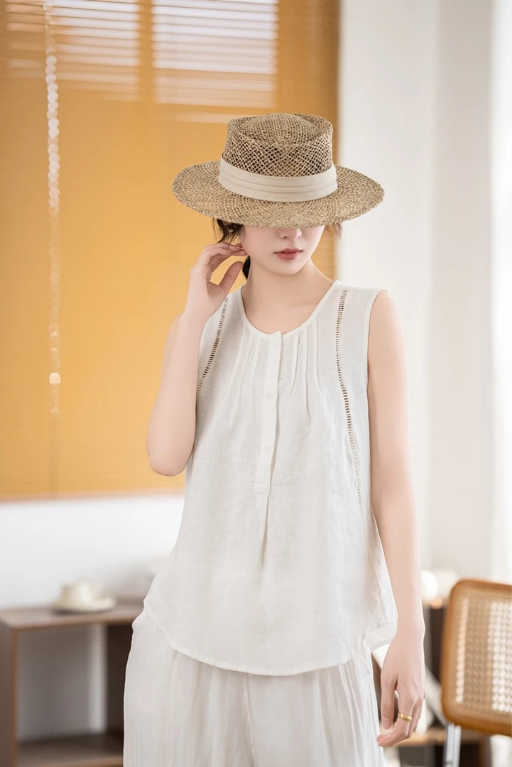 纯亚麻夏季休闲通勤百搭文艺宽松型镂空设计感无袖坎肩外穿背心