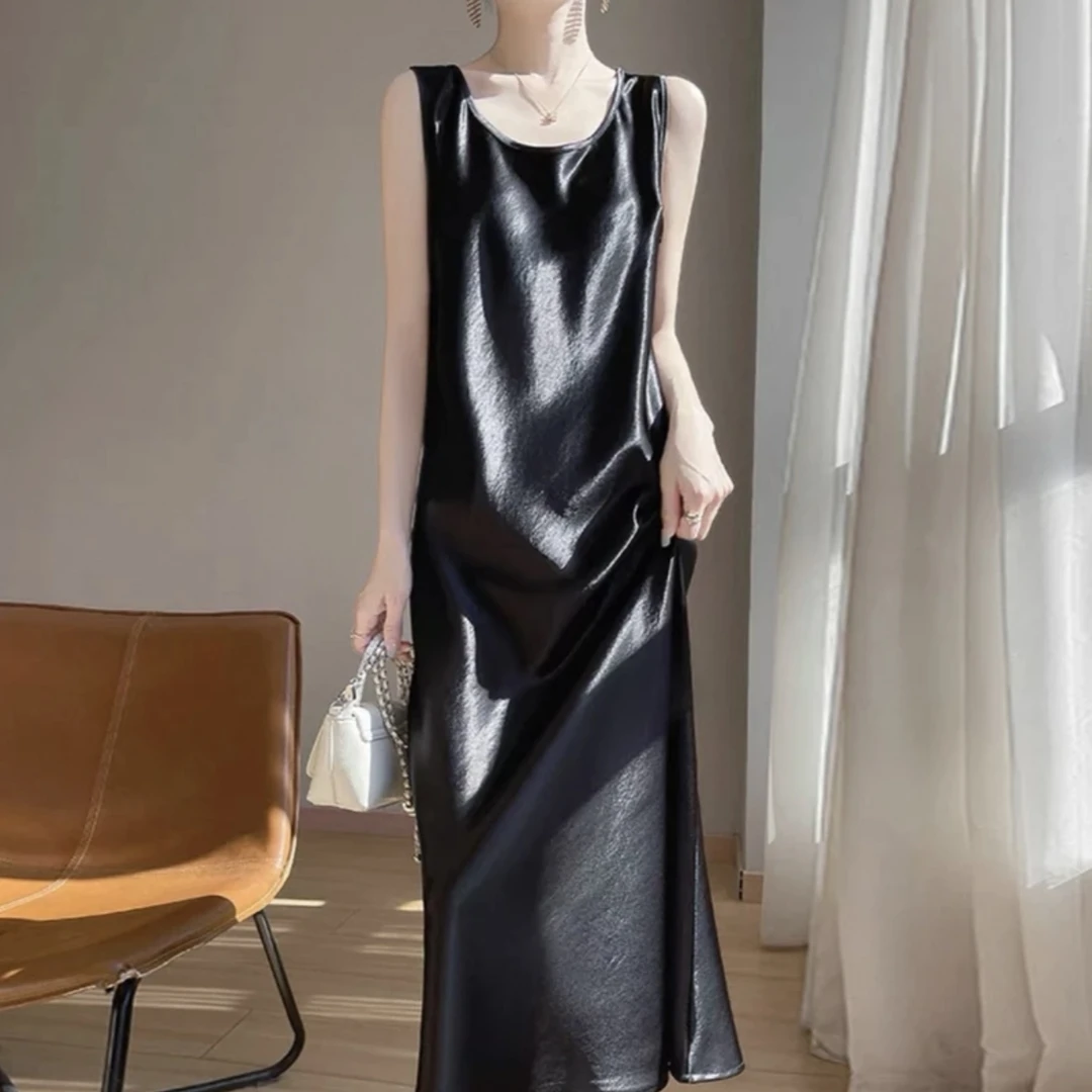 醋酸流光缎面鱼尾裙高垂感百搭显瘦遮肉宽肩带气质连衣裙