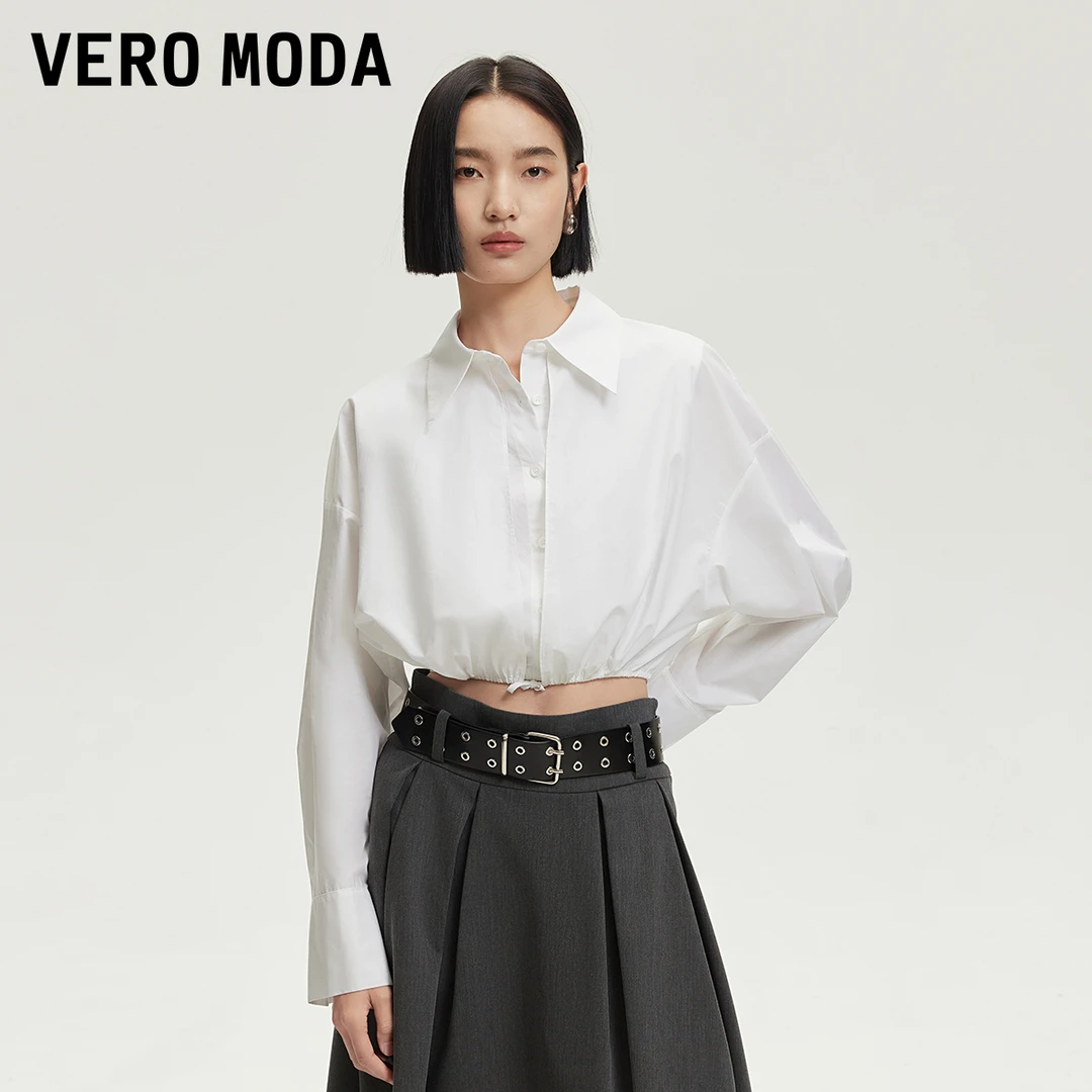 Vero Moda衬衫2025新款纯棉假两件设计压褶下摆洋气开衫松弛感