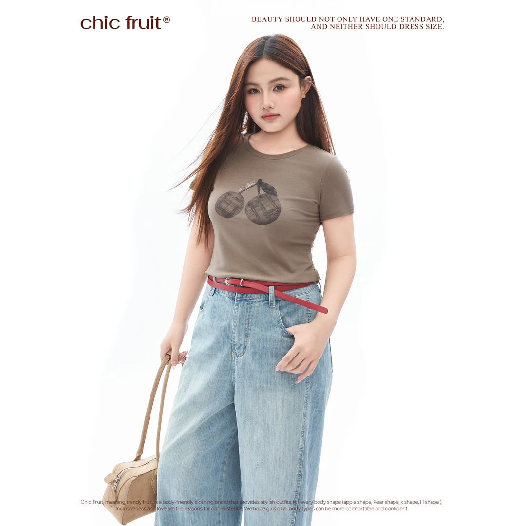 大码微胖美式豹纹樱桃印花T正肩小众休闲短袖