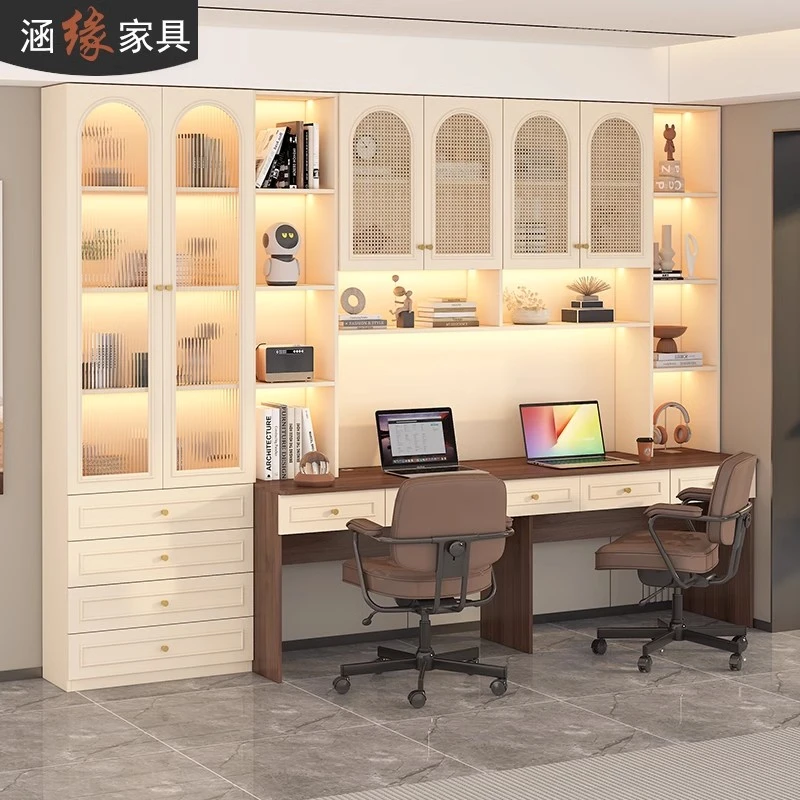 双人电脑桌书架书柜一体组合家用学习写字桌卧室多功能书桌7FL52