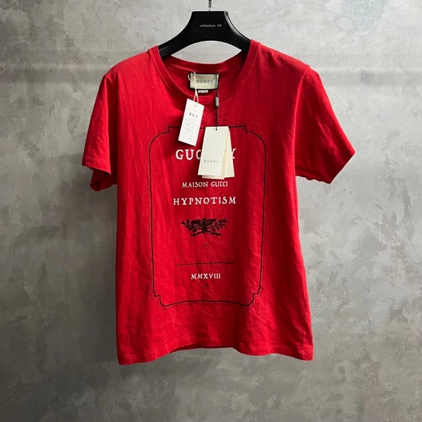 99新 GUCCI/古驰 红色印花图案圆领短袖T恤/xs