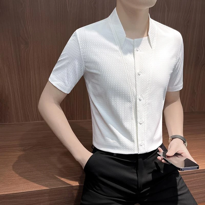 立领男士夏日短袖衬衫2025新款小众设计感高级夏季冰丝格子白衬衣