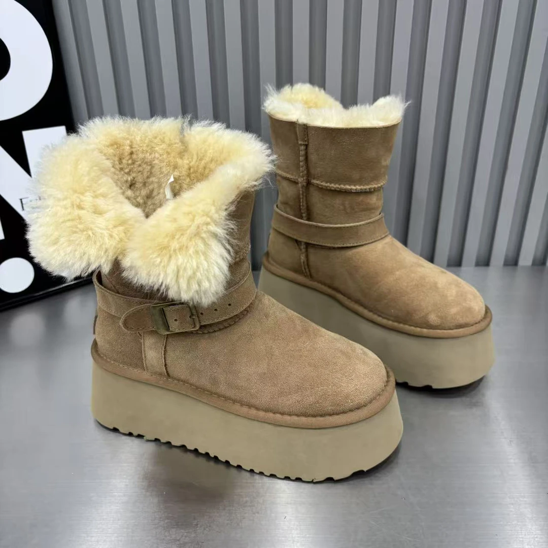 韩版阔腿裤必备鞋厚底增高雪地靴女加绒加厚皮毛一体两穿靴子中筒