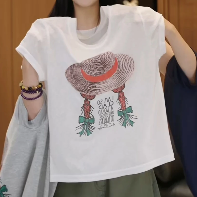 “草帽姑娘”夏季新款修身百搭减龄显瘦短袖T恤LK2504546