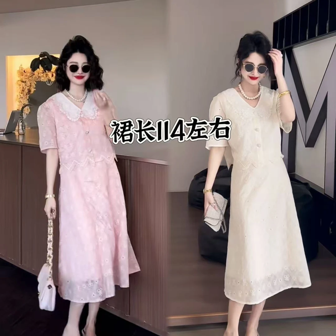 凤儿家-33681 法式浪漫娃娃领蕾丝拼接连衣裙