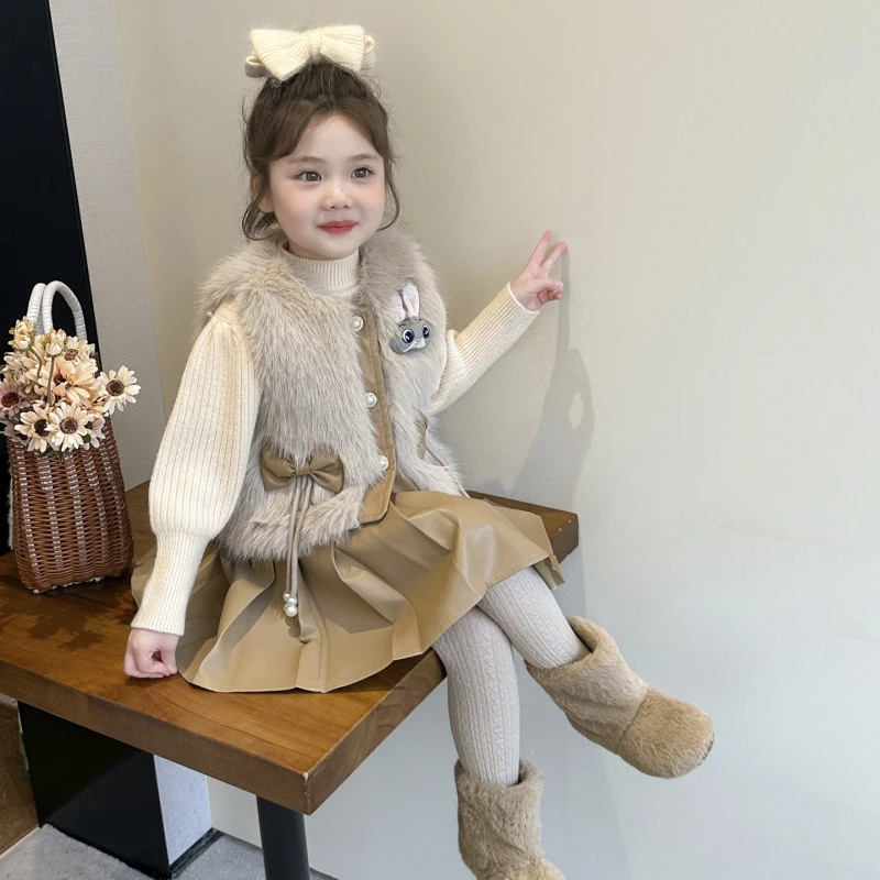 女童小香风百褶裙套装秋冬25新款儿童仿皮草马甲韩版时尚三件套