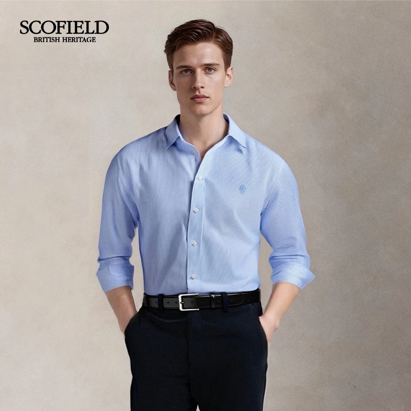 【100%棉】SCOFIELD男士2025秋季新款商务通勤经典条纹长袖衬衫男