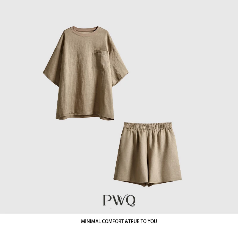 套装100亚麻短袖上衣松紧腰短款老钱风松弛感女装ZC-2562321-XG