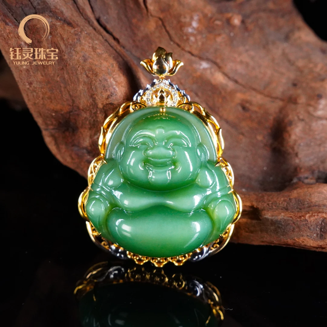 【钰灵臻选】珍藏 设计款 和田玉绿猫佛公吊坠 18k金镶嵌  稀缺精致