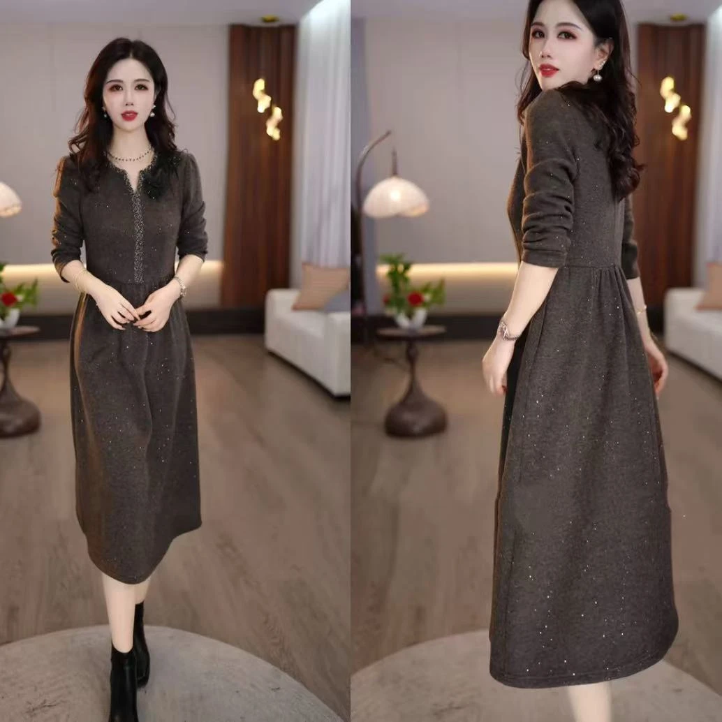 连衣裙】磨毛软精纺冬款时尚气质显瘦复古高贵名媛宽松连衣裙