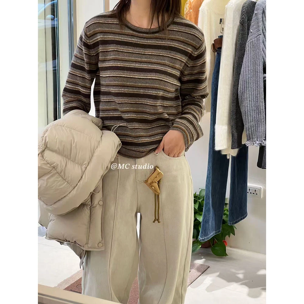 【复古条纹绒绒毛衣】欧洲站冬季拼色细条百搭宽松针织衫133