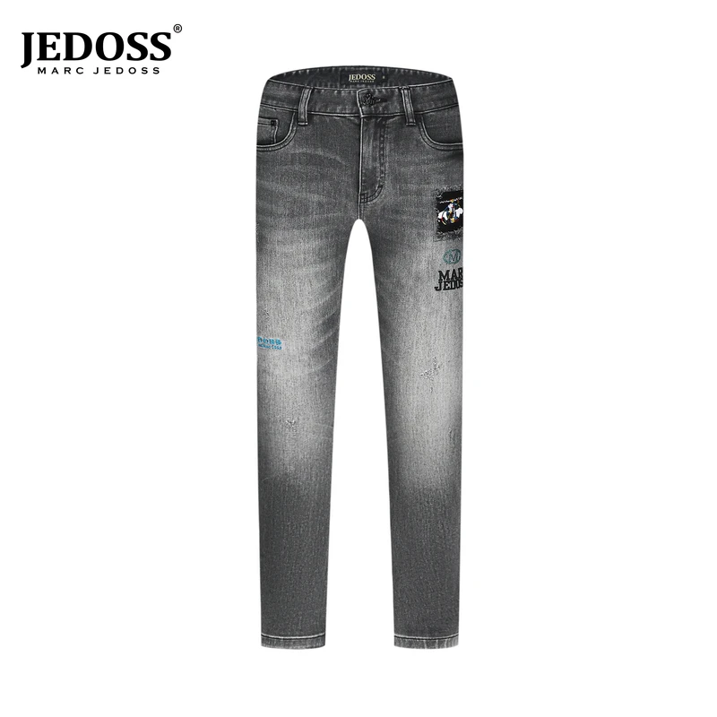JEDOSS/爵迪斯秋新款轻奢修身时尚男装LOGO刺绣印花直筒牛仔裤018
