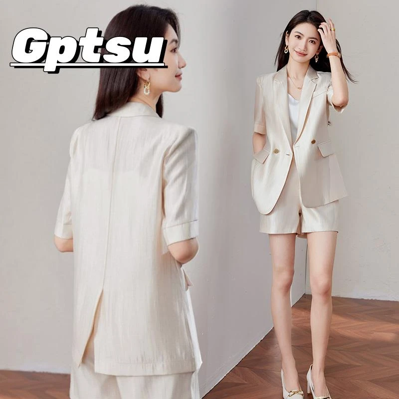 GPTSu醋酸短裤西服套装女季薄款2025小个子休闲大码短袖西装外套