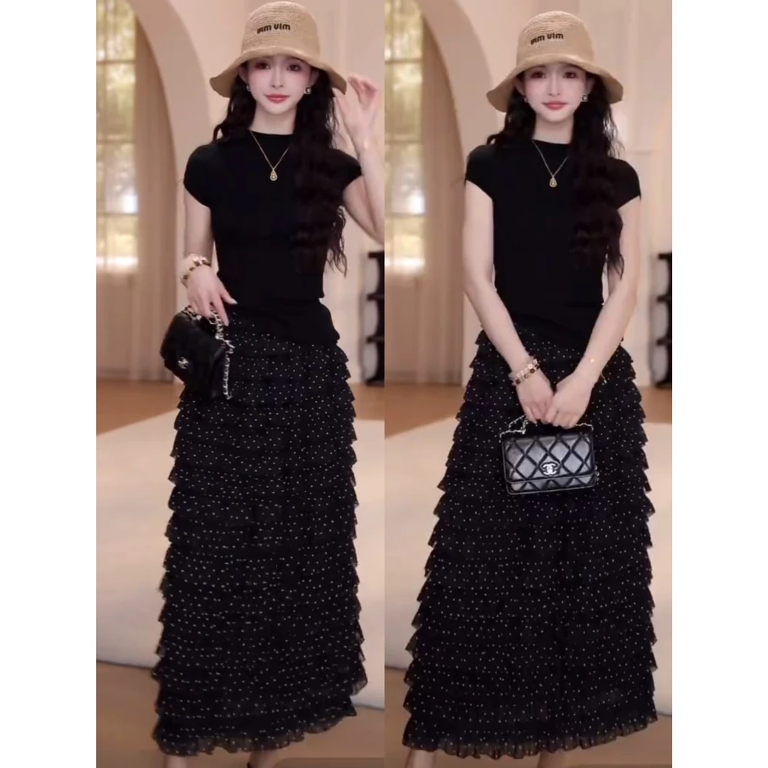 小众炸街高级感女装夏季短袖针织上衣百搭半身裙子套装洋气衣服潮